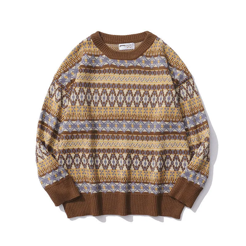 Advbridge mens fall fashion Autumn and Winter Sweater Couple Fried Street Ins Loose Thick Ethnic Retro Style round Neck Casual Knitted Bottoming Shirt Men