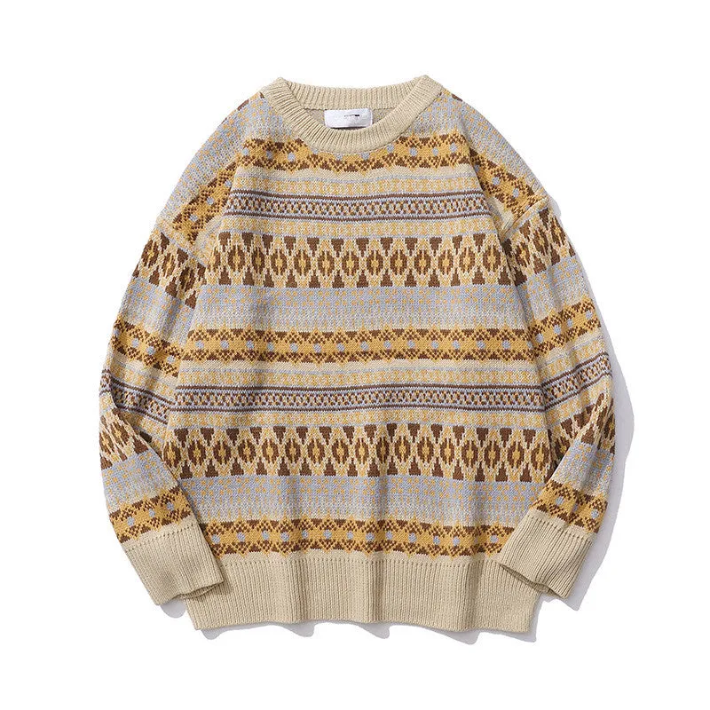Advbridge mens fall fashion Autumn and Winter Sweater Couple Fried Street Ins Loose Thick Ethnic Retro Style round Neck Casual Knitted Bottoming Shirt Men