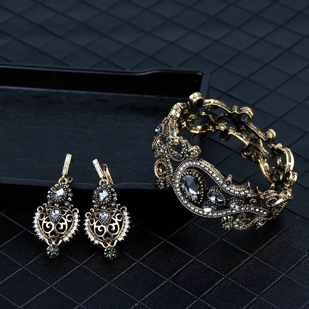 Bohemian Gray Crystal Bangle and Earring Set – Turkish Ethnic Jewelry