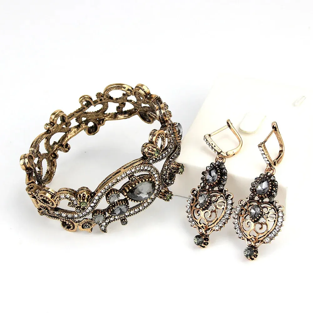 Bohemian Gray Crystal Bangle and Earring Set – Turkish Ethnic Jewelry