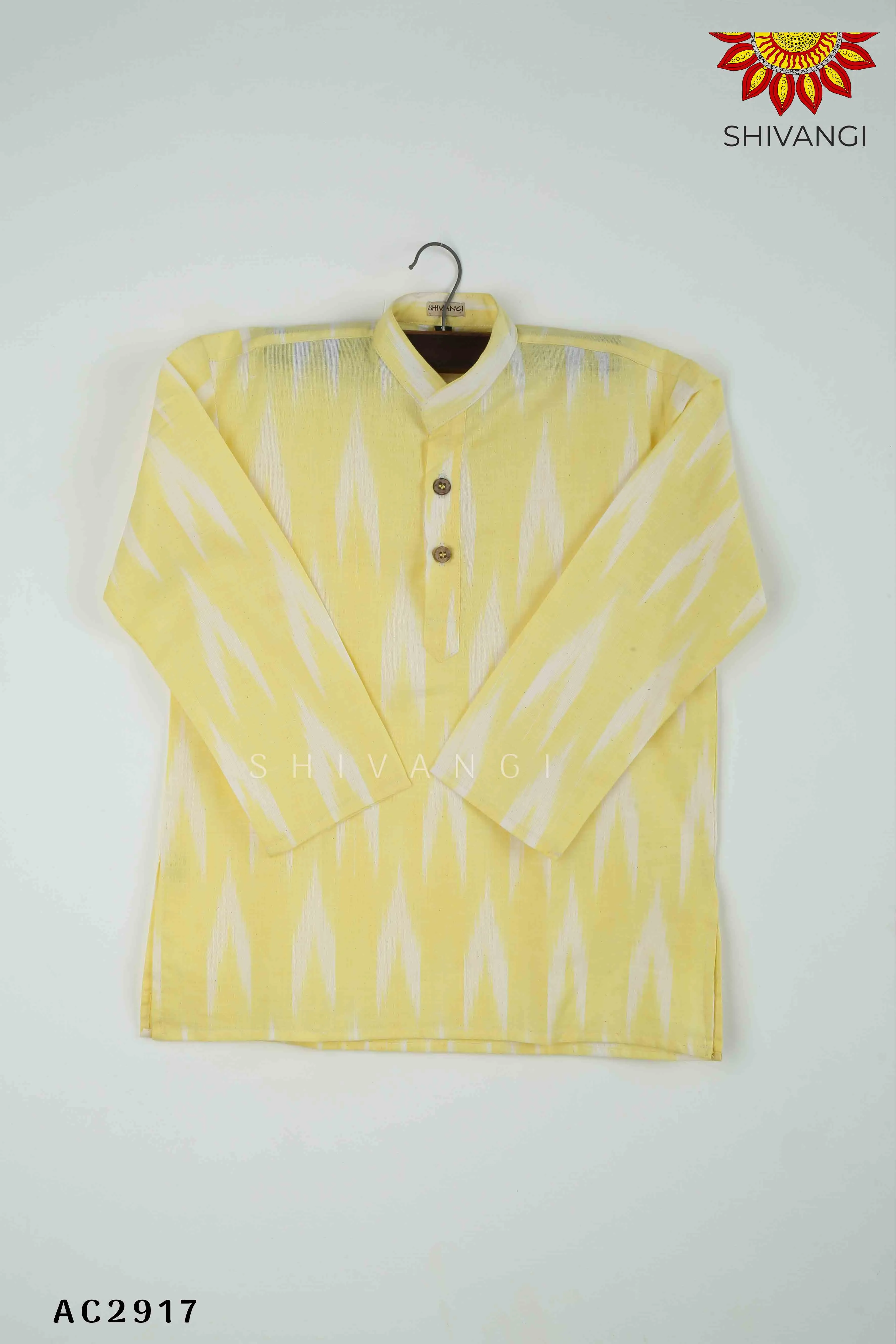 Boys Yellow and White Ikkat Kurta