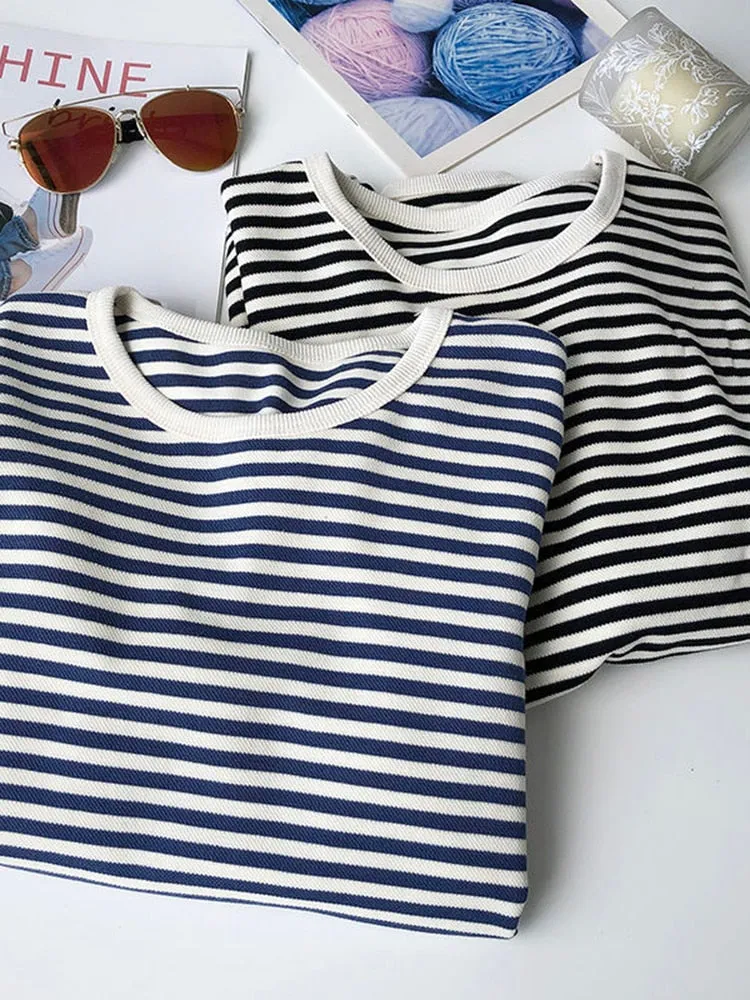 Casual O Neck Striped Women Sweatshirt Spring Long Sleeve Loose Pullover Oversized Hoodie Cotton Fashion Korean Ladies Tops
