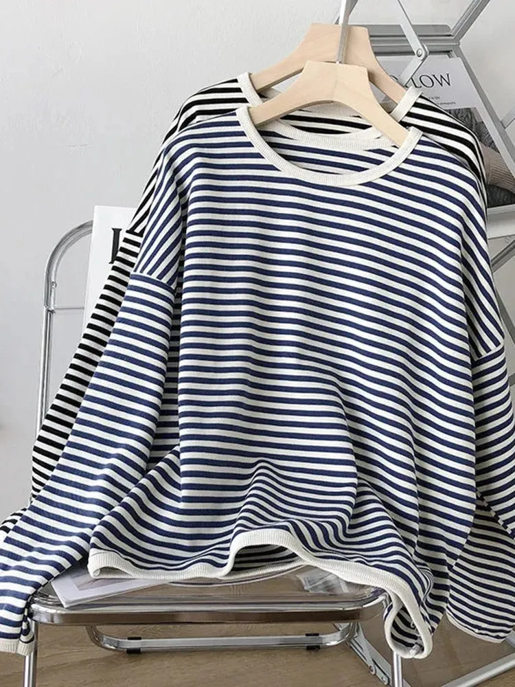 Casual O Neck Striped Women Sweatshirt Spring Long Sleeve Loose Pullover Oversized Hoodie Cotton Fashion Korean Ladies Tops