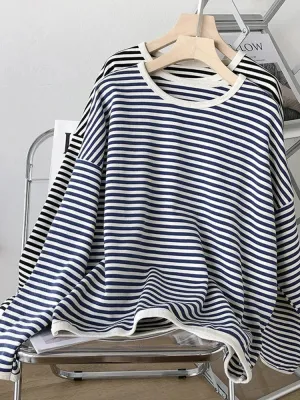 Casual O Neck Striped Women Sweatshirt Spring Long Sleeve Loose Pullover Oversized Hoodie Cotton Fashion Korean Ladies Tops