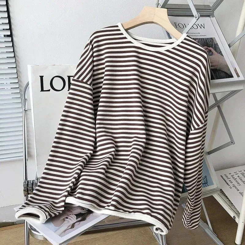 Casual O Neck Striped Women Sweatshirt Spring Long Sleeve Loose Pullover Oversized Hoodie Cotton Fashion Korean Ladies Tops