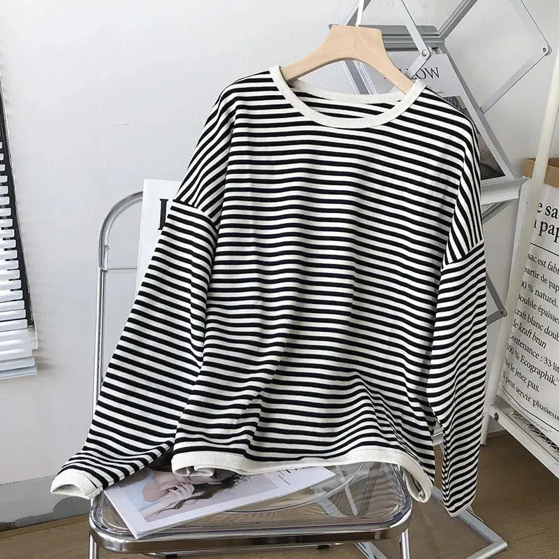 Casual O Neck Striped Women Sweatshirt Spring Long Sleeve Loose Pullover Oversized Hoodie Cotton Fashion Korean Ladies Tops