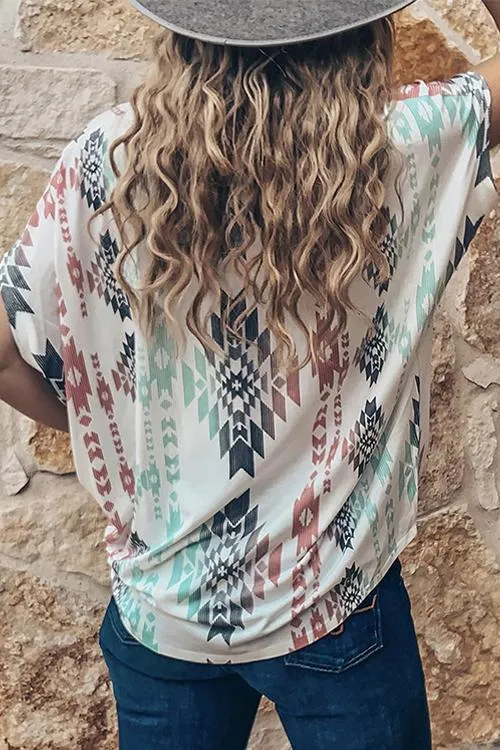 Ethnic Print V Neck Short Sleeve T Shirt