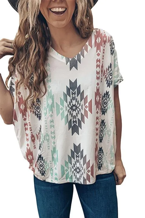 Ethnic Print V Neck Short Sleeve T Shirt