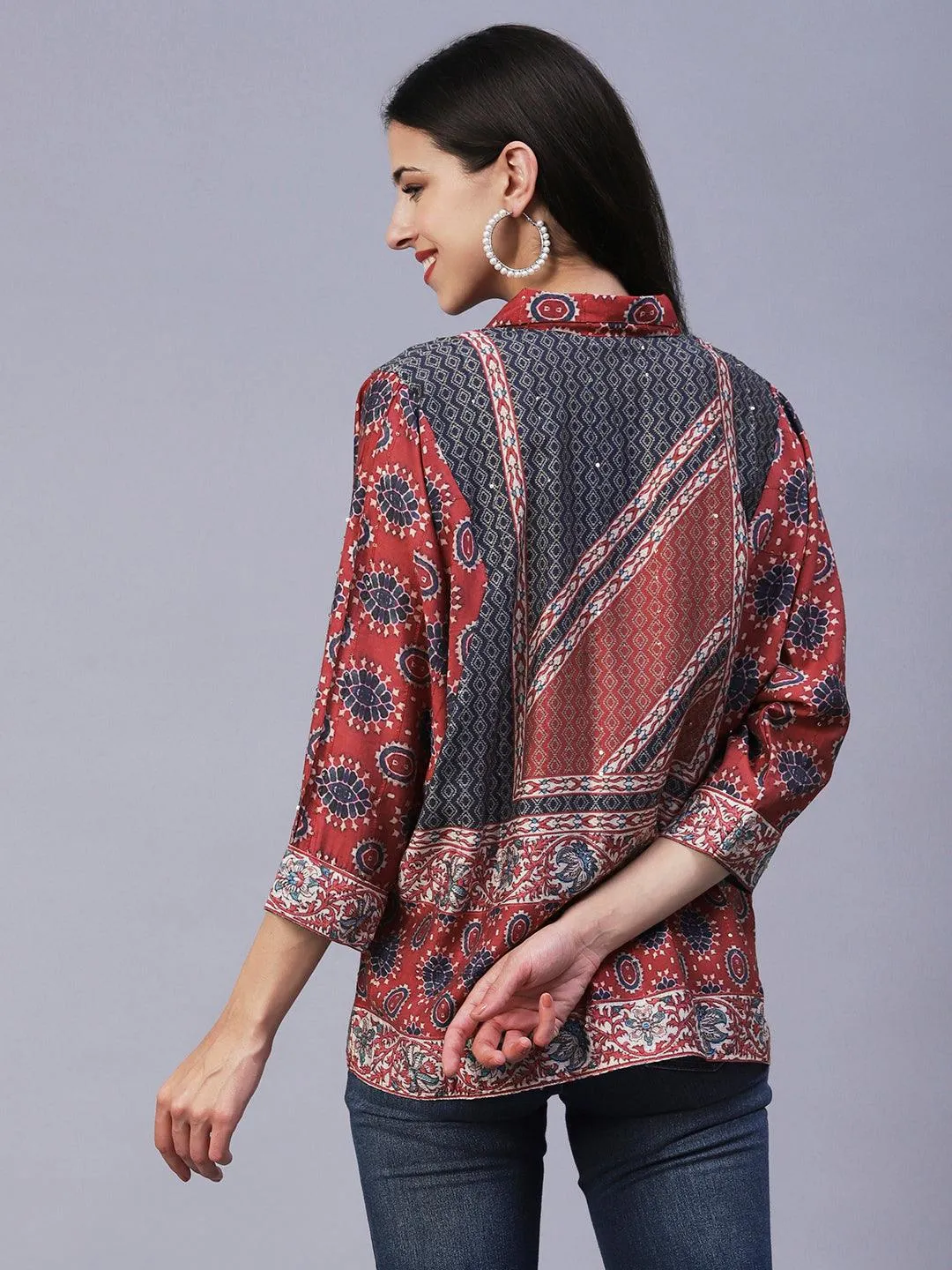 Floral Printed Mother-Of-Pearl Tikki & Brooch Ornamented Kimono Sleeves Top - Rust
