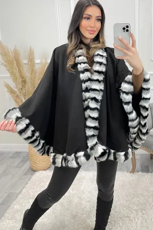 Greta Black and Grey Multi Faux Fur Stripe Trim Felt Cape