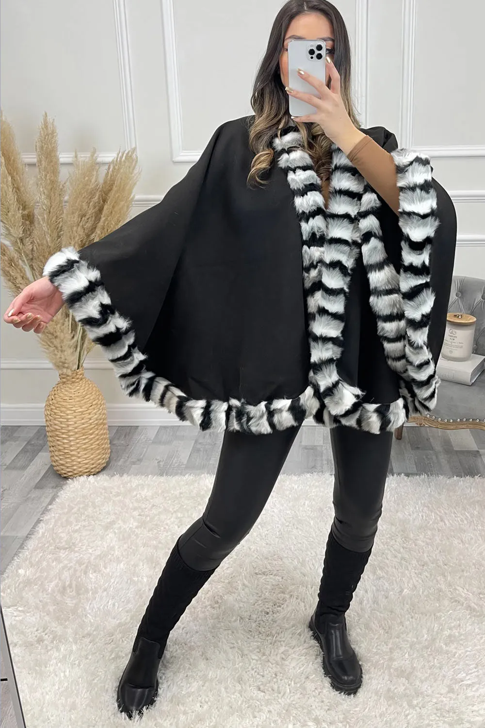 Greta Black and Grey Multi Faux Fur Stripe Trim Felt Cape