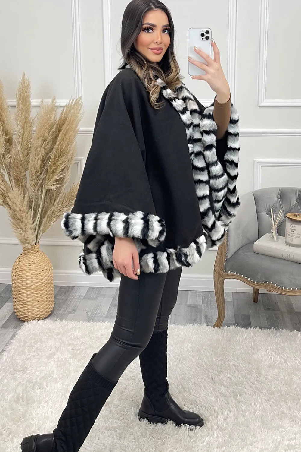 Greta Black and Grey Multi Faux Fur Stripe Trim Felt Cape