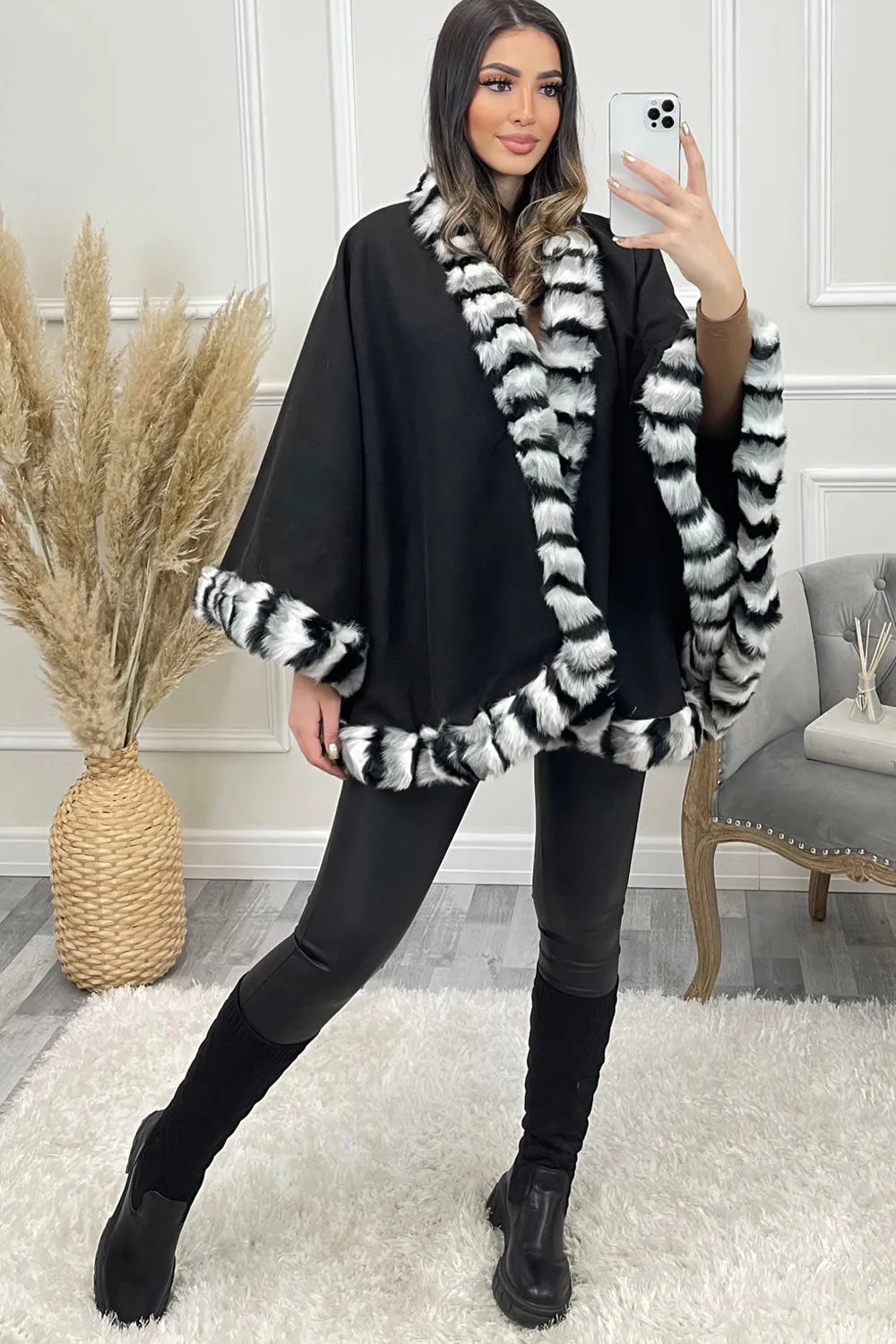 Greta Black and Grey Multi Faux Fur Stripe Trim Felt Cape