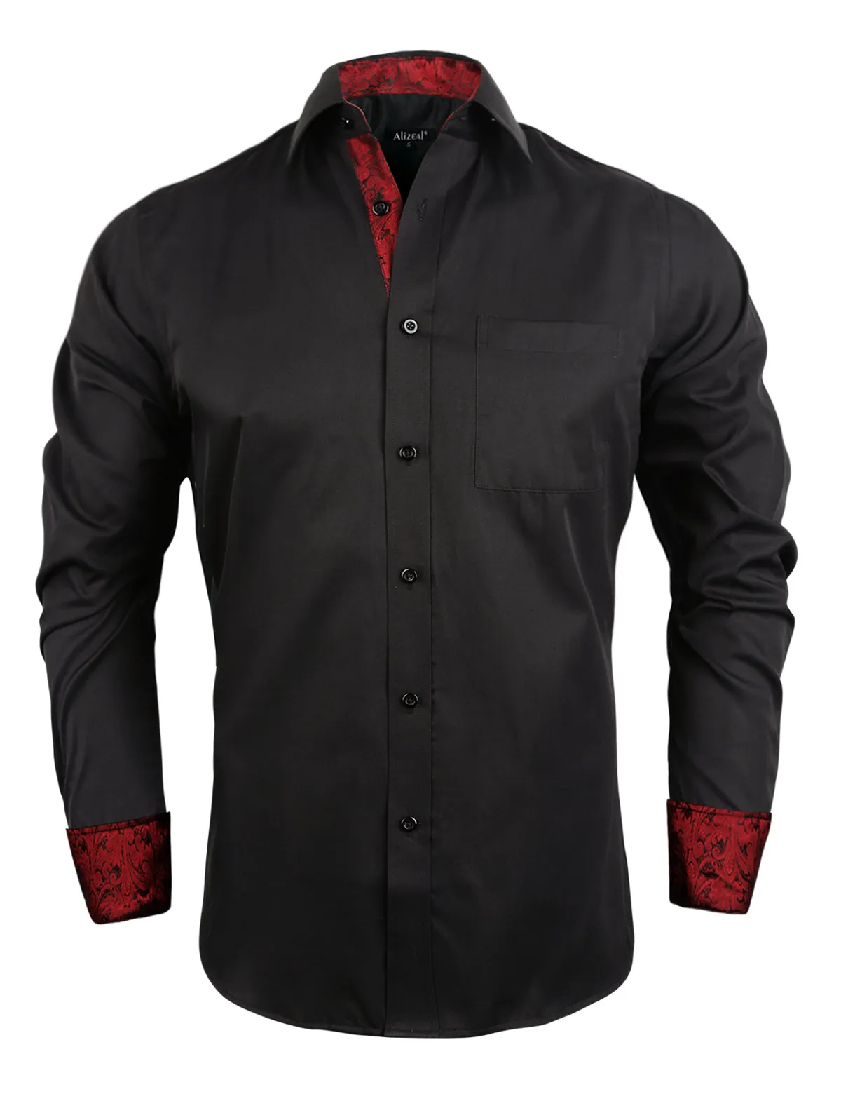 Men's Business Slim Fit Dress Shirt Long Sleeve Patchwork Button-Down Shirt, 004-Black wine Red