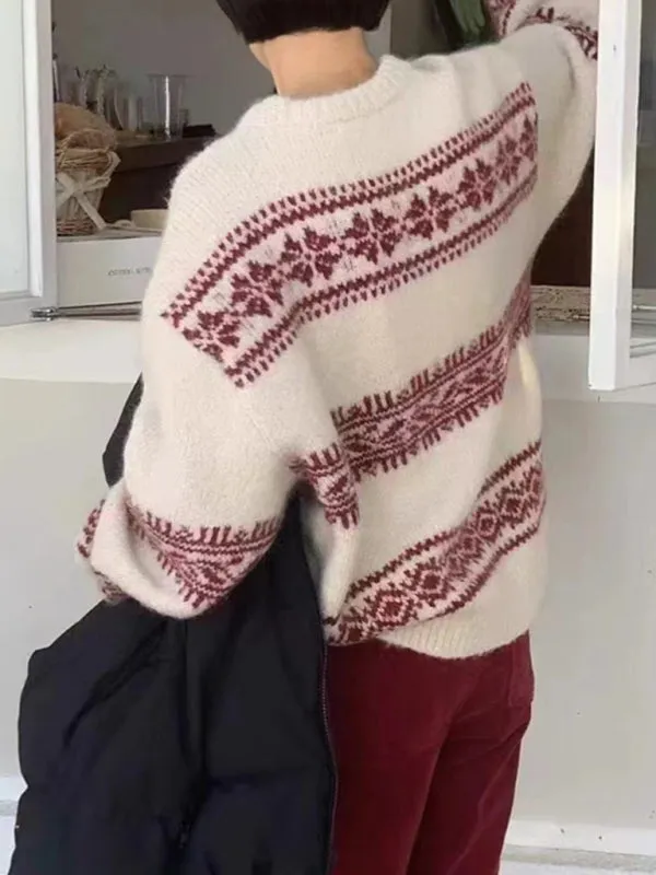 New loose thickened Christmas retro ethnic style round neck pullover sweater