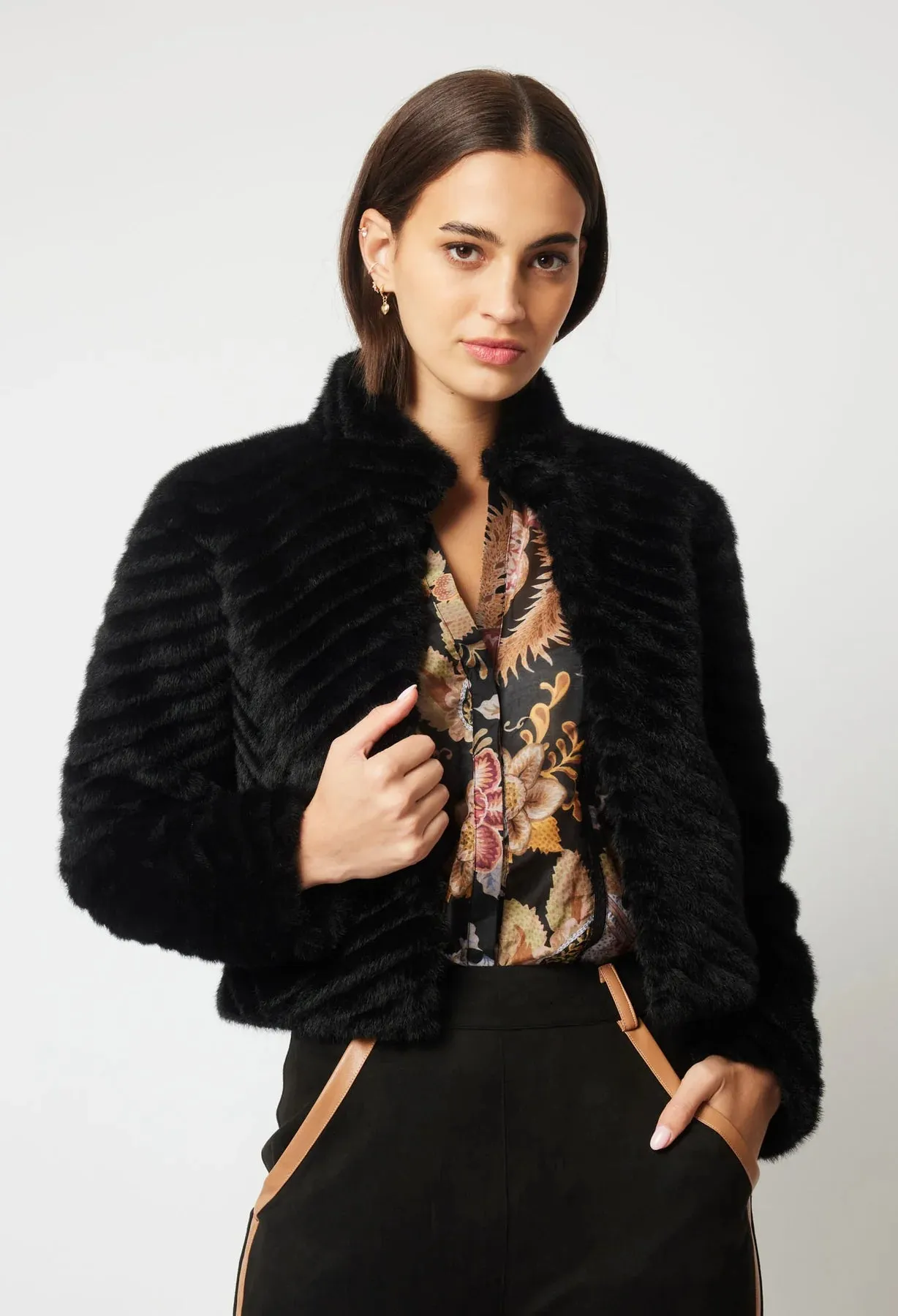 Once Was - Altair Faux Fur Cropped Jacket - Black