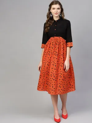 Orange & Black Gathered Dress With Shirt Collar & 3/4 Sleeves