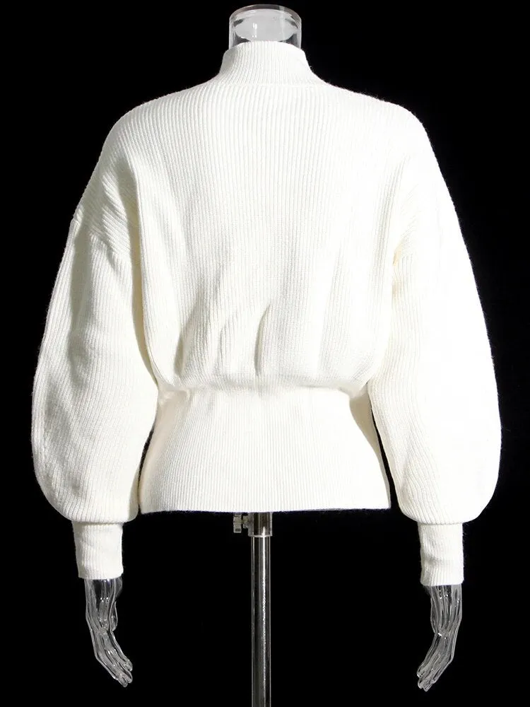 Patchwork Feather Knitting Sweater For Women Stand Collar Lantern Sleeve Solid Minimalist Sweaters Female Clothing
