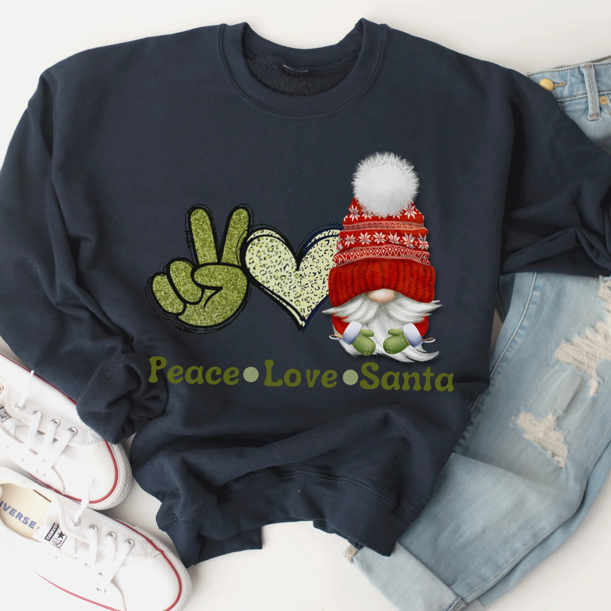 Peace Love Santa Gnome Christmas Crewneck Sweatshirt Cute Warm and Cozy Gildan® Pullover Watercolor Retro Peace Sign and Heart