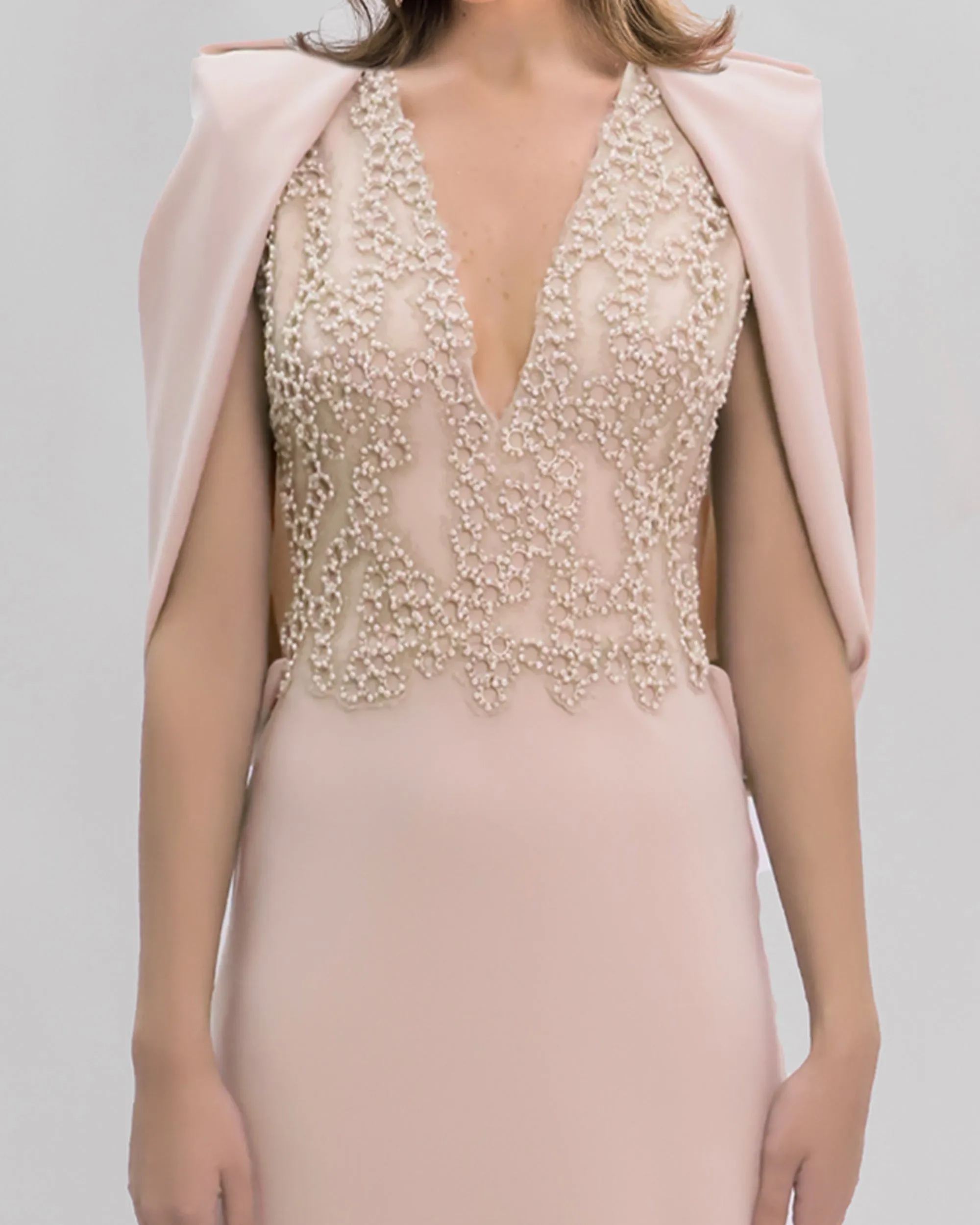 Slim-Cut Nude Dress With Cape Like Sleeves