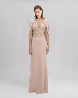 Slim-Cut Nude Dress With Cape Like Sleeves