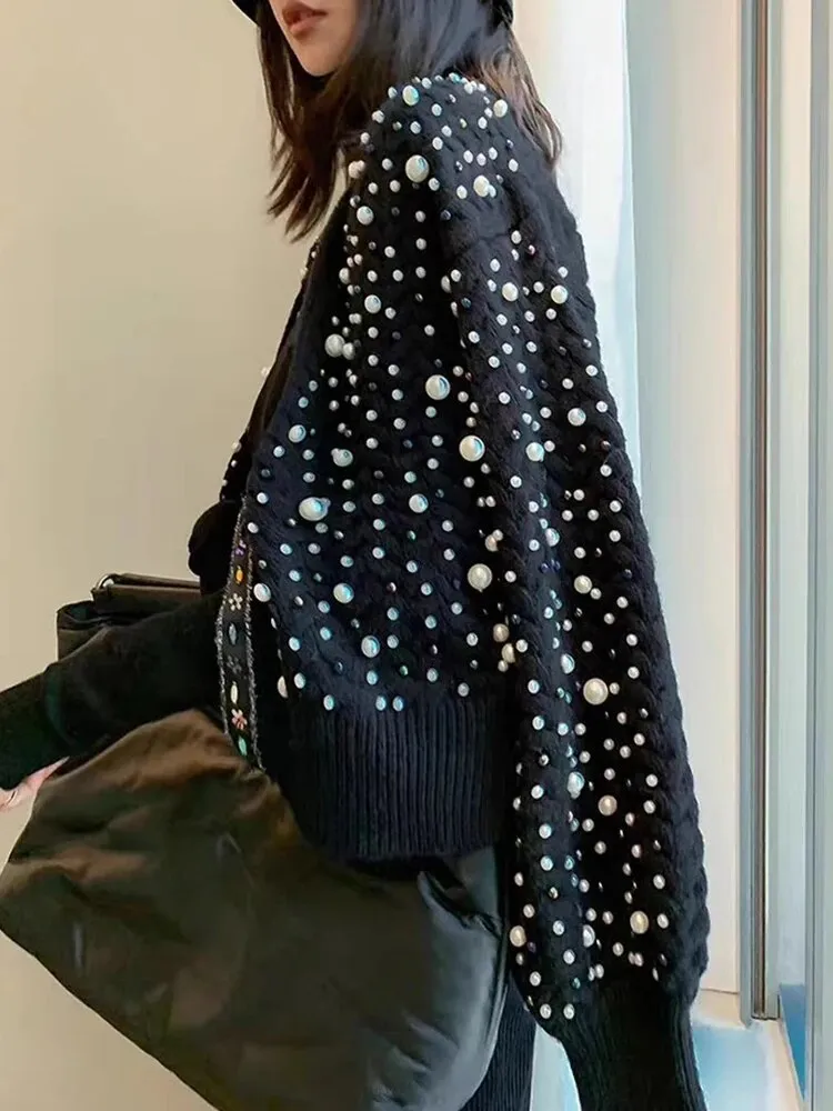 Solid Patchwork Pearls Knitting Sweaters For Women V Neck Long Sleeves Temperament Sweater Female Fashion Clothes