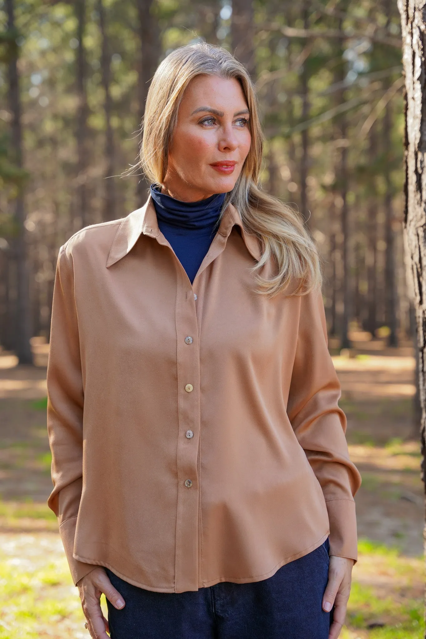 Tan Satin Fitted Classic Shirt