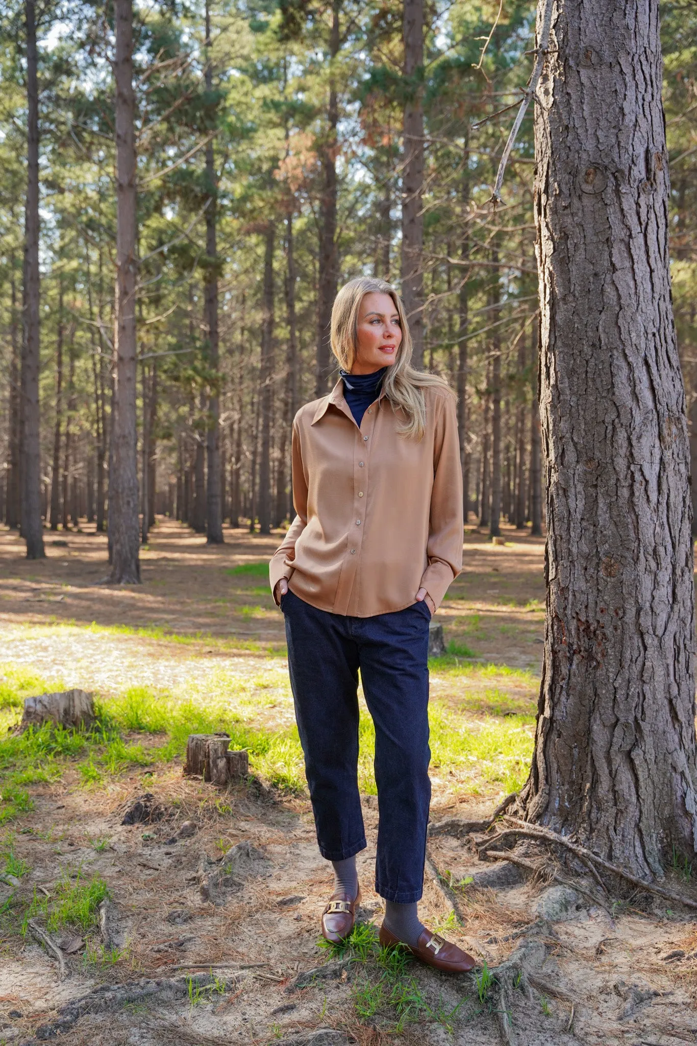 Tan Satin Fitted Classic Shirt