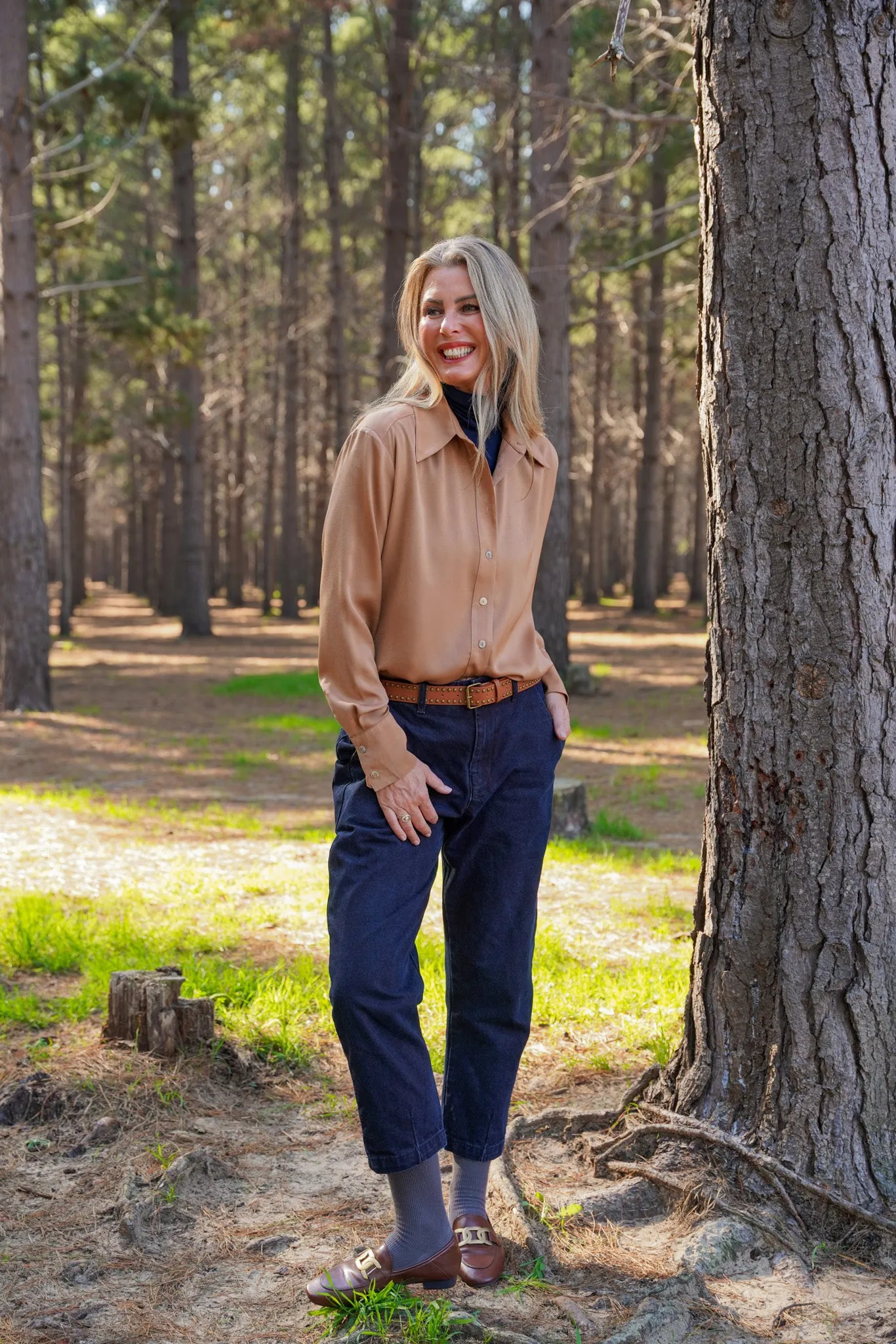 Tan Satin Fitted Classic Shirt