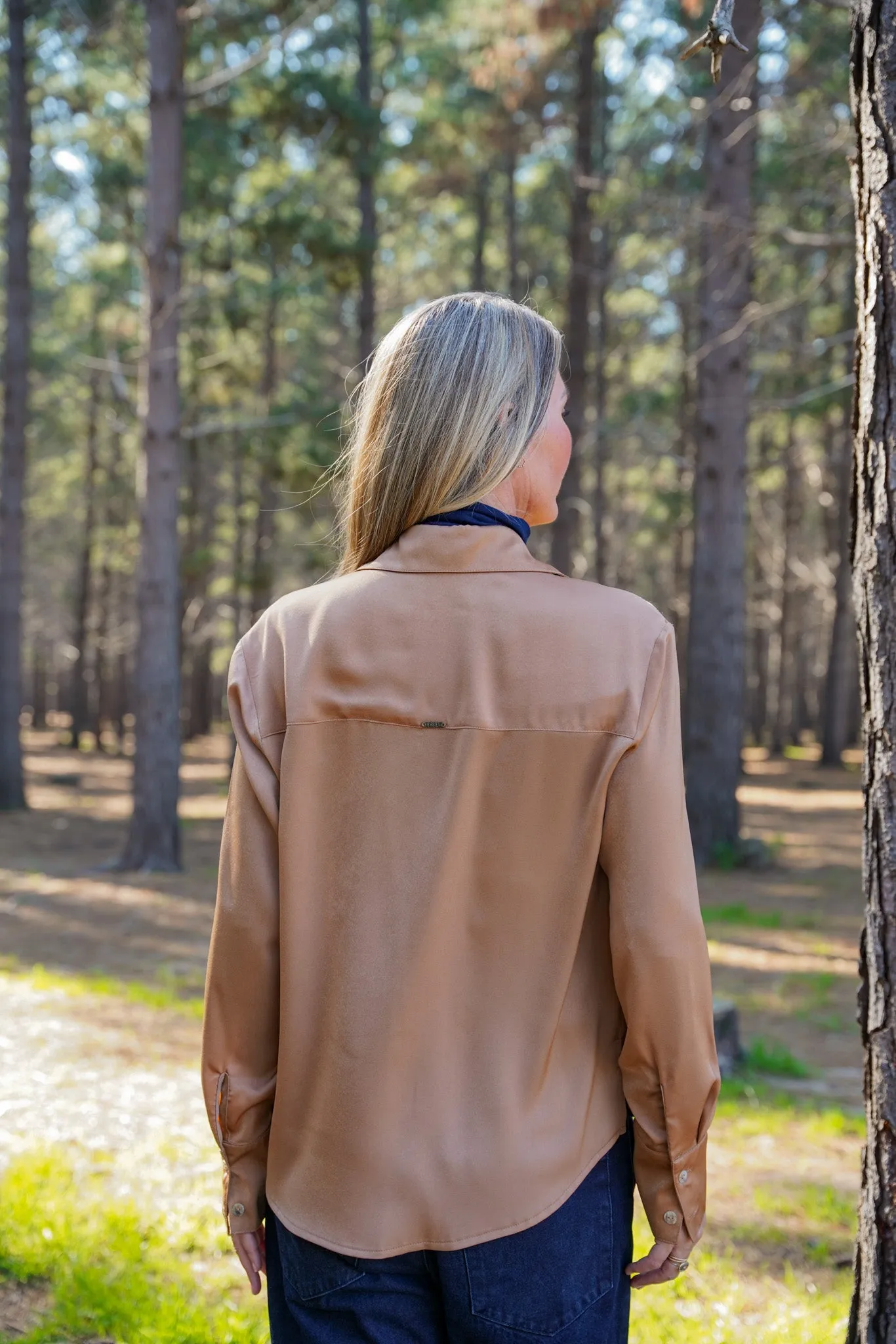 Tan Satin Fitted Classic Shirt