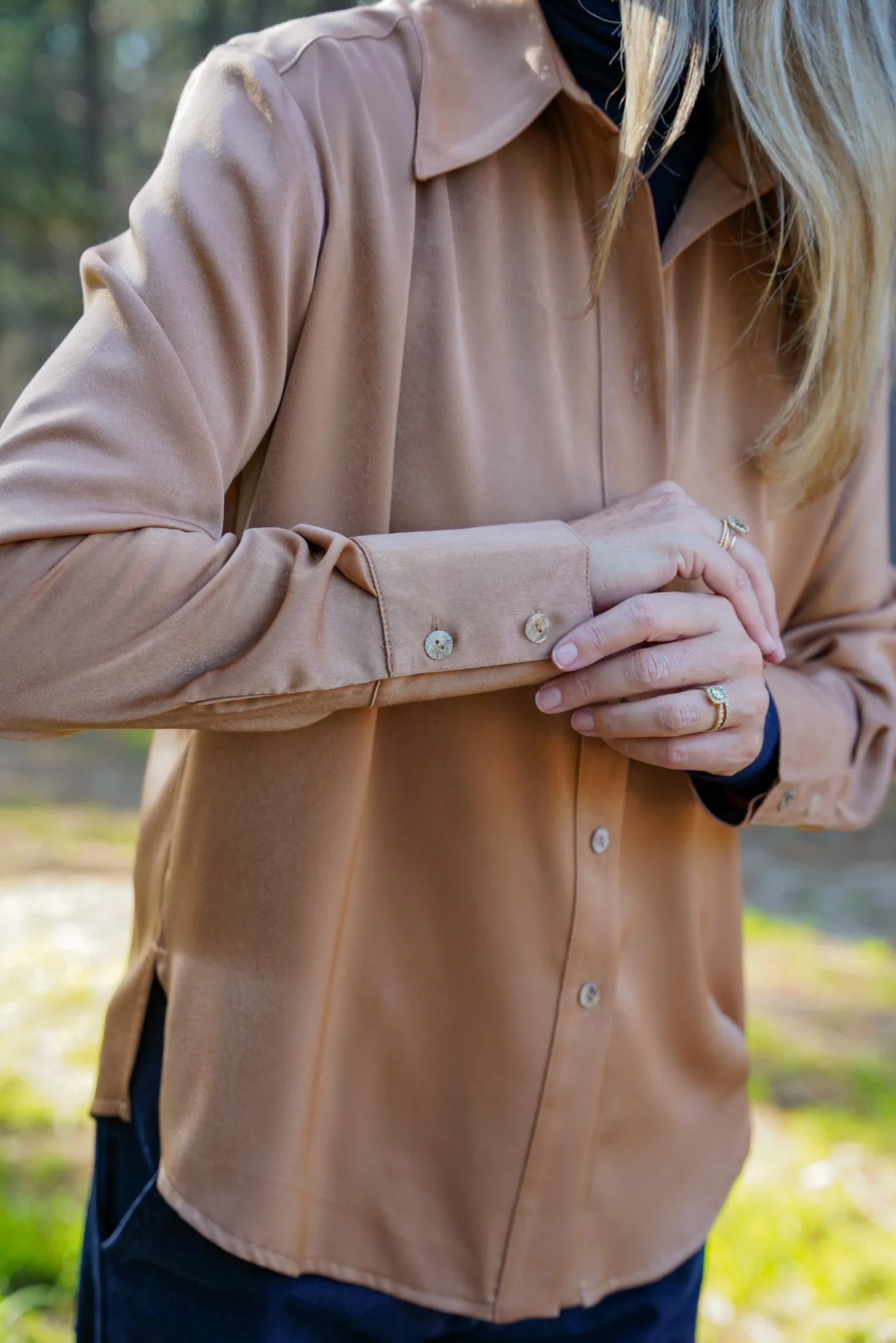 Tan Satin Fitted Classic Shirt