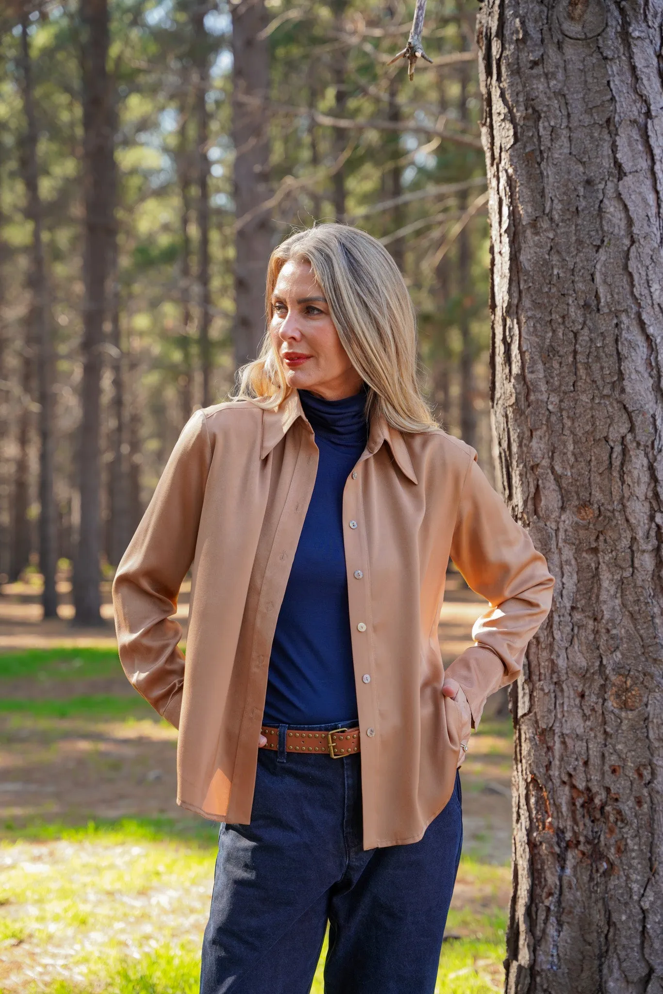 Tan Satin Fitted Classic Shirt