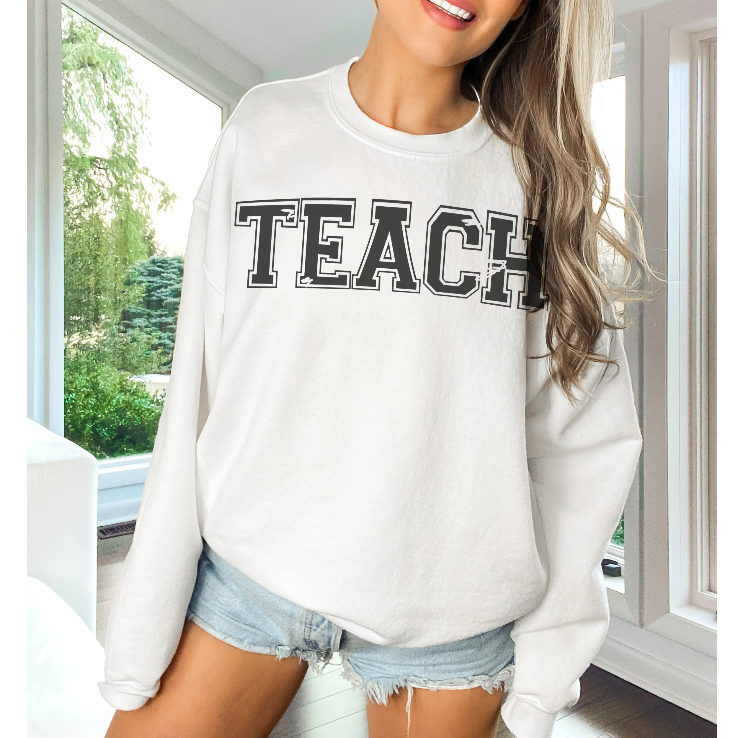 Teach Crewneck Sweatshirt, Distressed Retro Design, Trendy Pullover, Oversize Teacher Pullover, Graduation Gift, Gift For Teacher Appreciation