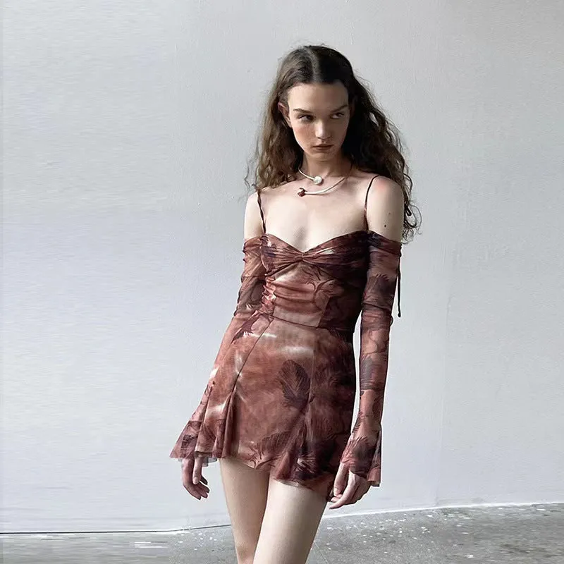 Uniwim frat outfits Autumn Fashion New Women's Retro off-Shoulder Sexy Temperament Dress High Waist Slim-Fit Suspender Skirt