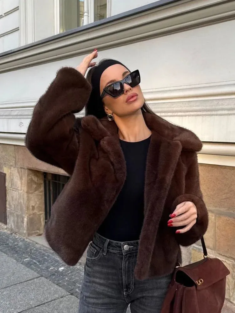 Vintage Brown Lapel Faux Fur Jacket – High Street Winter Elegance