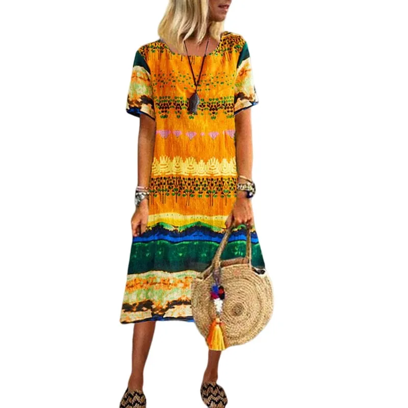 Vintage Ethnic Print Round Neck Dress