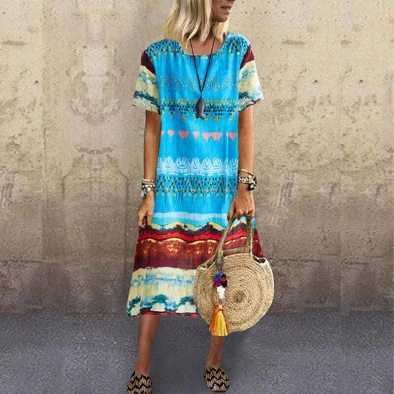 Vintage Ethnic Print Round Neck Dress