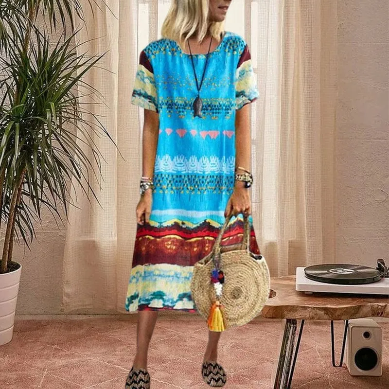 Vintage Ethnic Print Round Neck Dress