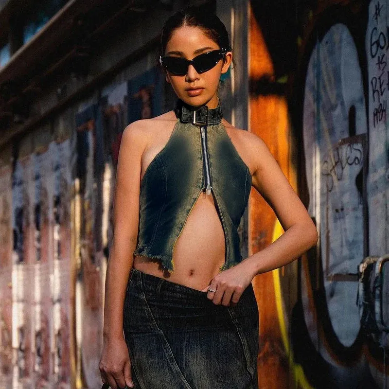 Vintage Y2K Denim Halter Crop Top