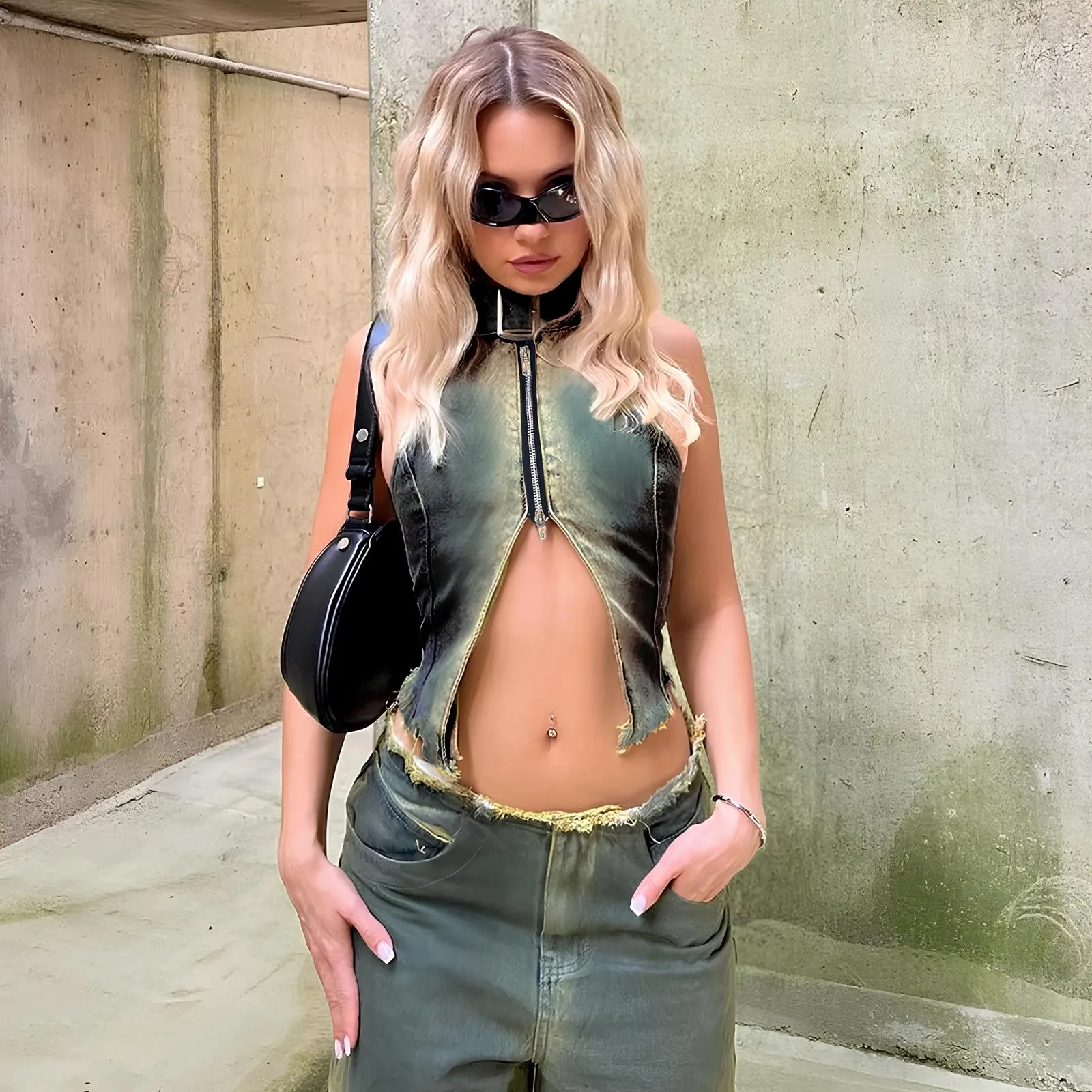 Vintage Y2K Denim Halter Crop Top