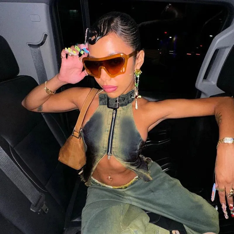 Vintage Y2K Denim Halter Crop Top