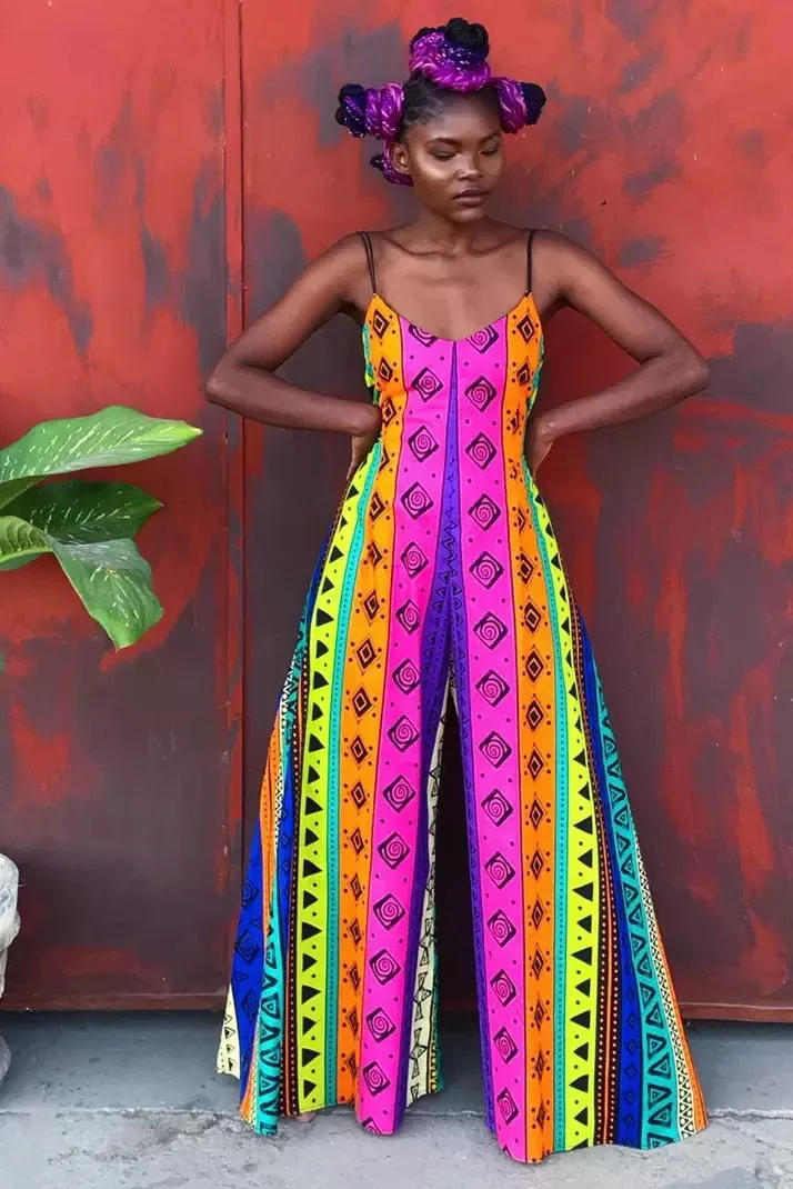 Women Dashiki Print O-Collar Jumpsuit