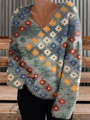 Women's Grey Vintage Gradient Ethnic Print Casual V-neck Pullover Knit
