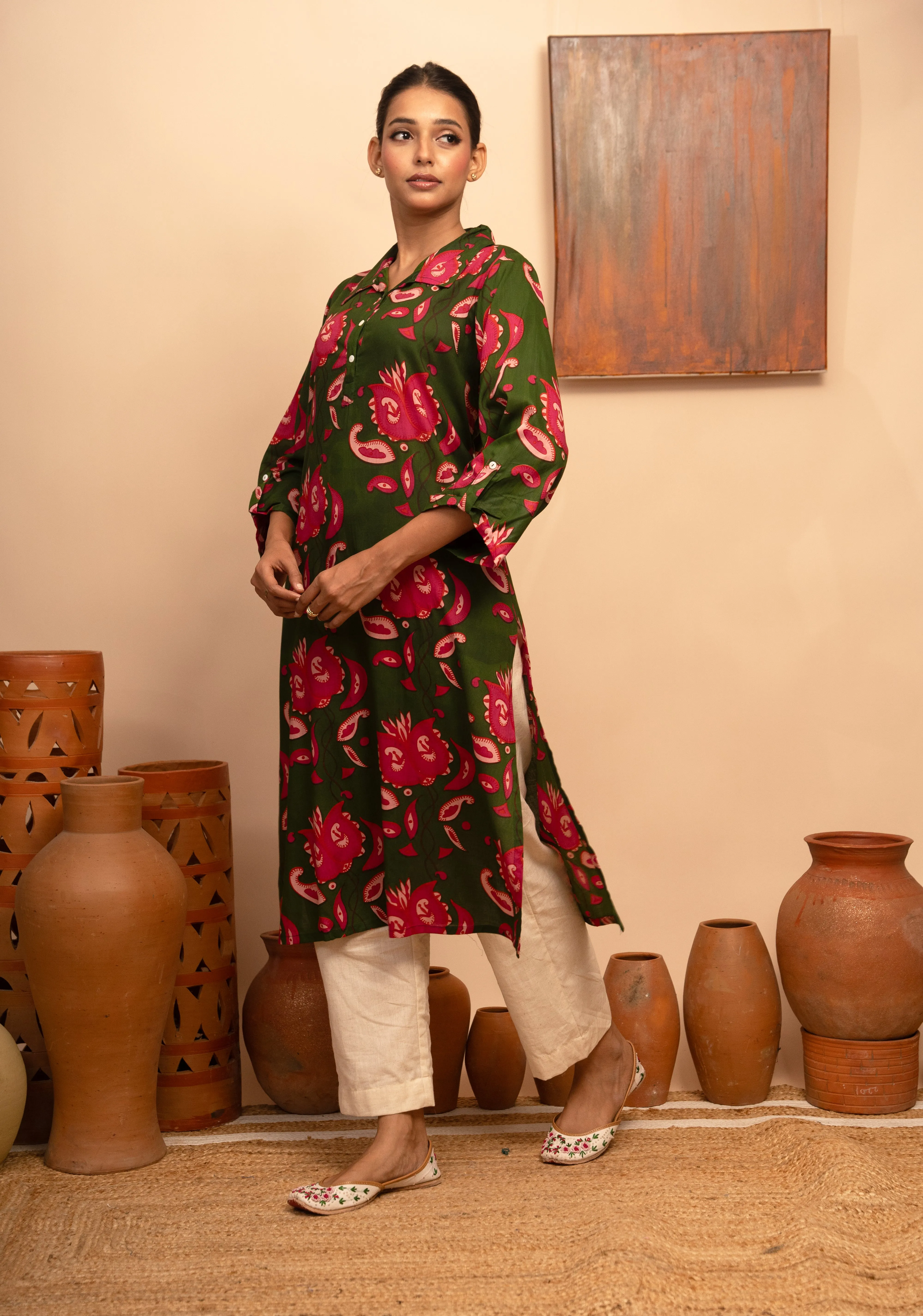 Womens Modal Collar Neck Printed Green Regular Fit Kurta  Arya collection