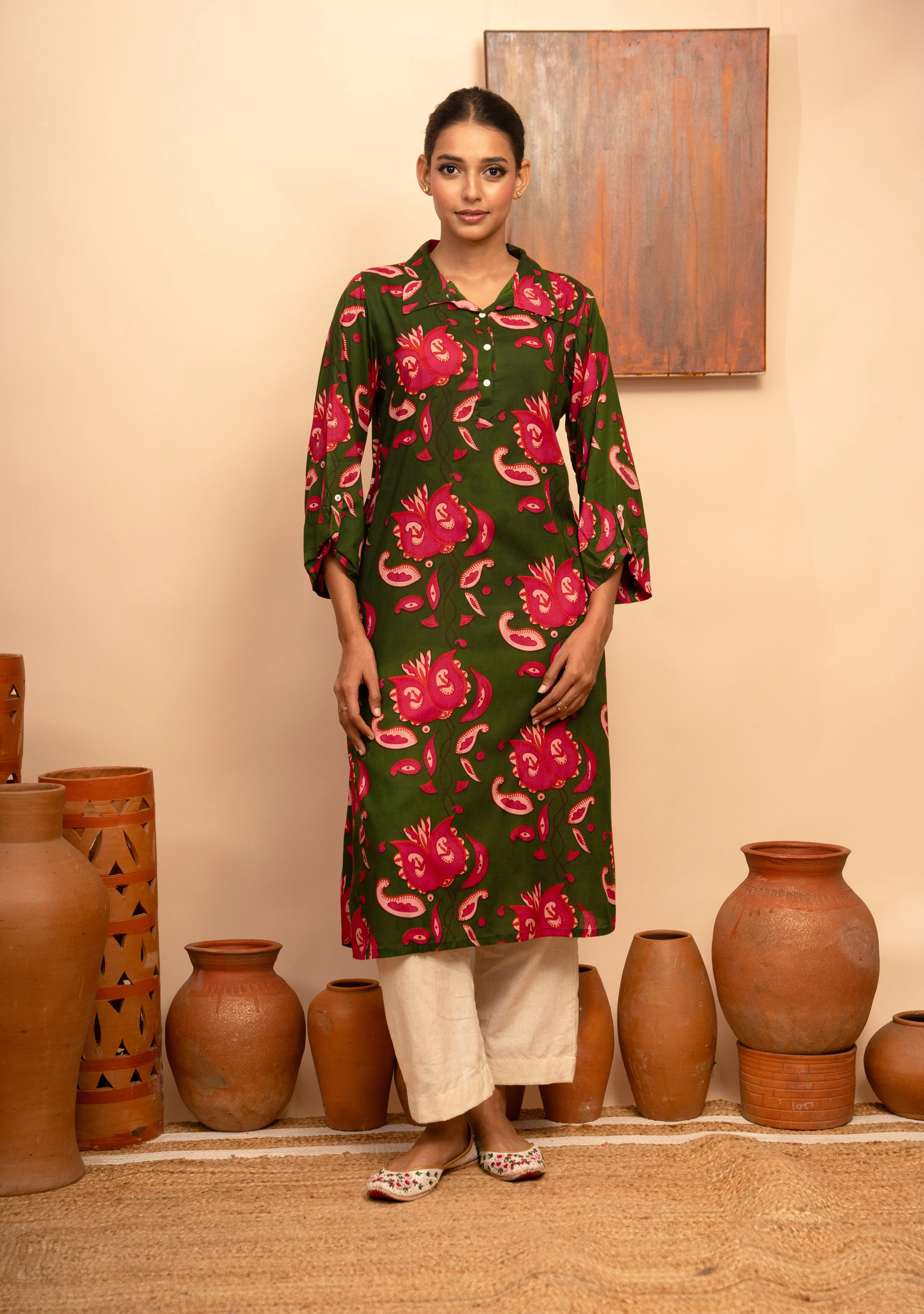 Womens Modal Collar Neck Printed Green Regular Fit Kurta  Arya collection