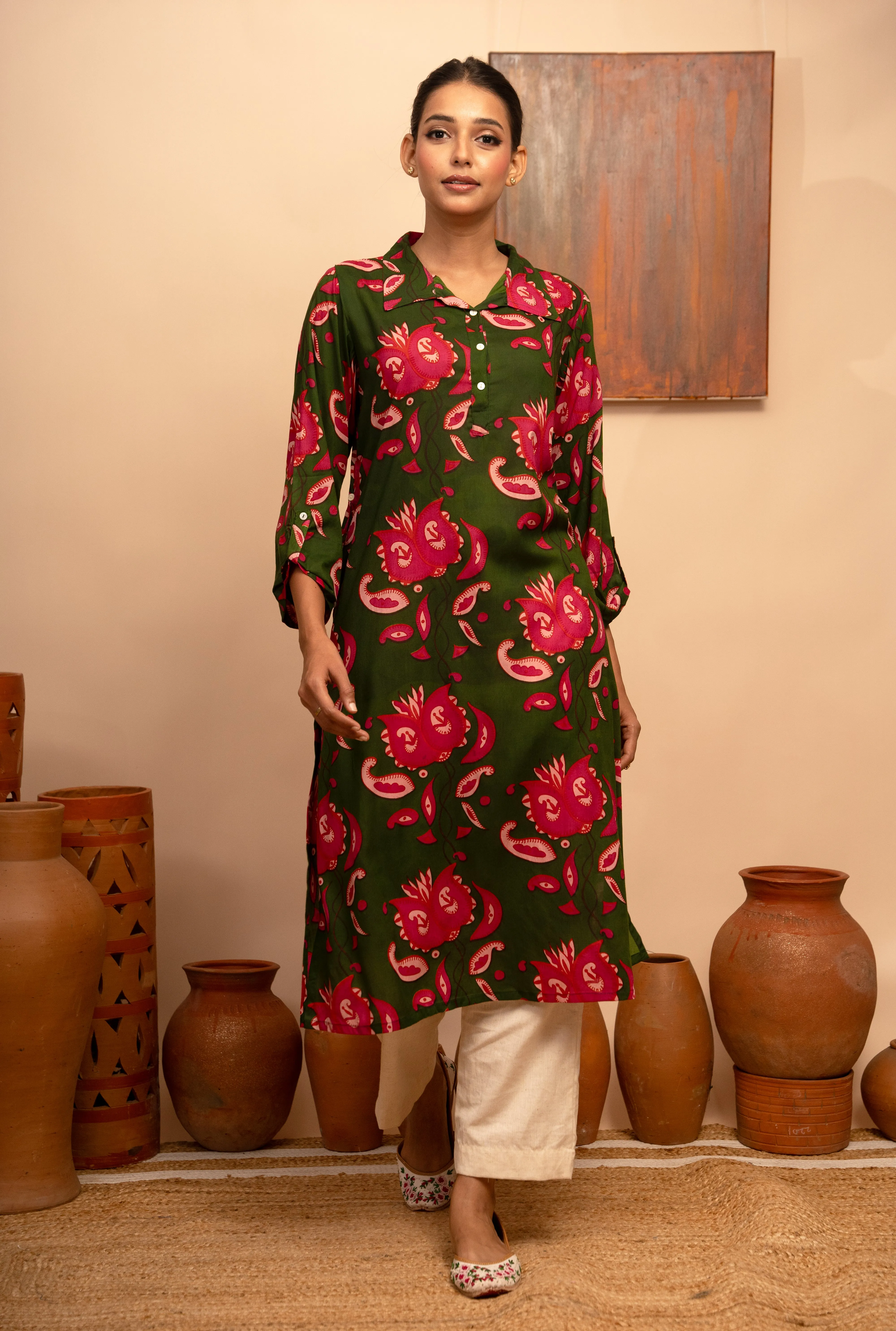 Womens Modal Collar Neck Printed Green Regular Fit Kurta  Arya collection