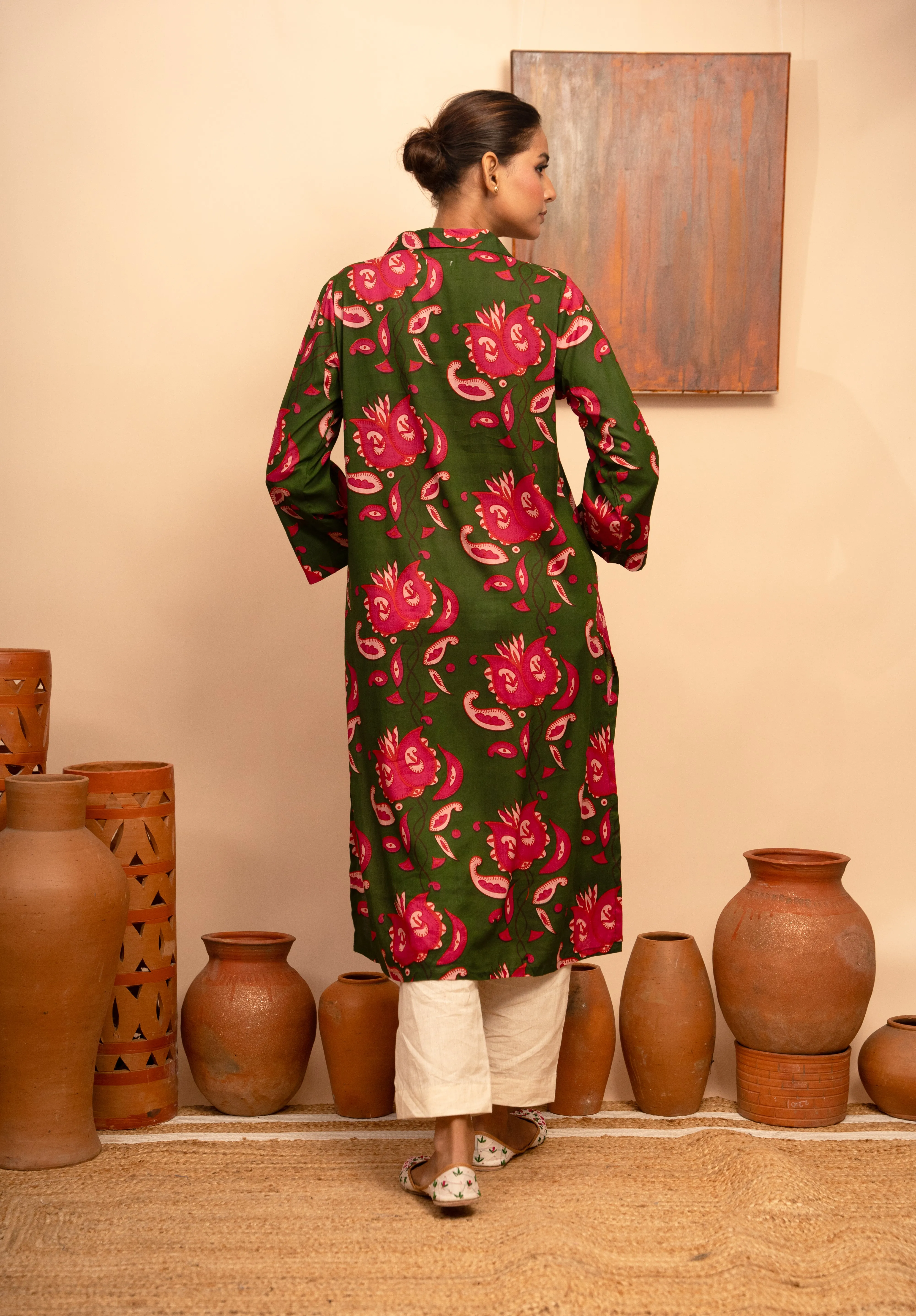 Womens Modal Collar Neck Printed Green Regular Fit Kurta  Arya collection