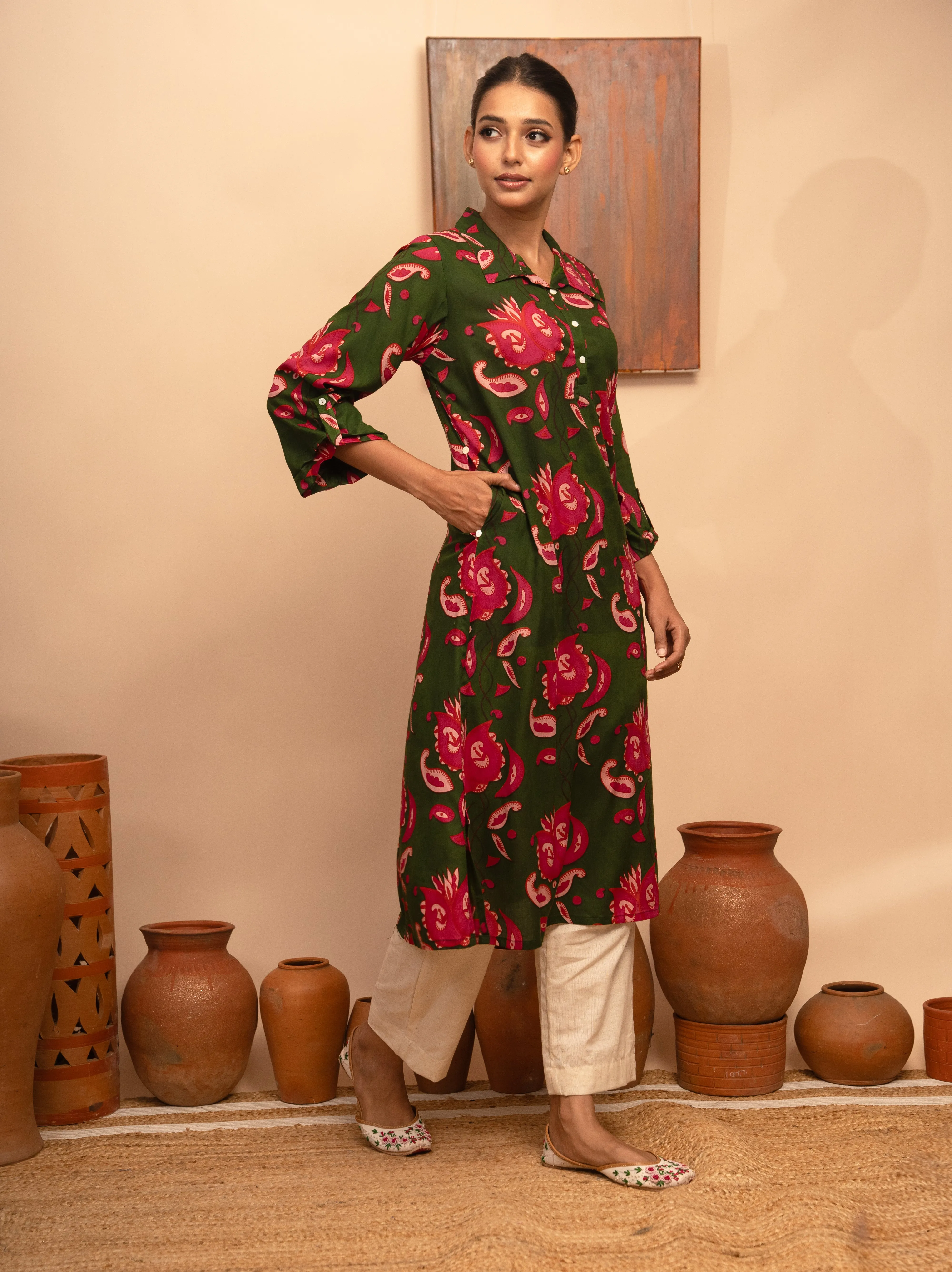 Womens Modal Collar Neck Printed Green Regular Fit Kurta  Arya collection