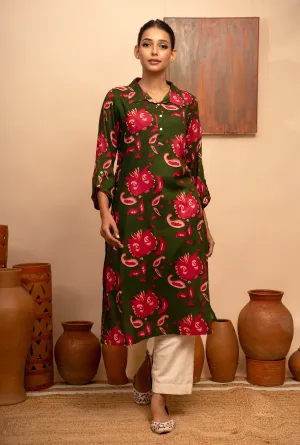 Womens Modal Collar Neck Printed Green Regular Fit Kurta  Arya collection