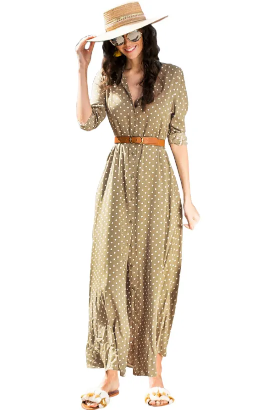Womens Polka Dot Shirt Dress • Olive